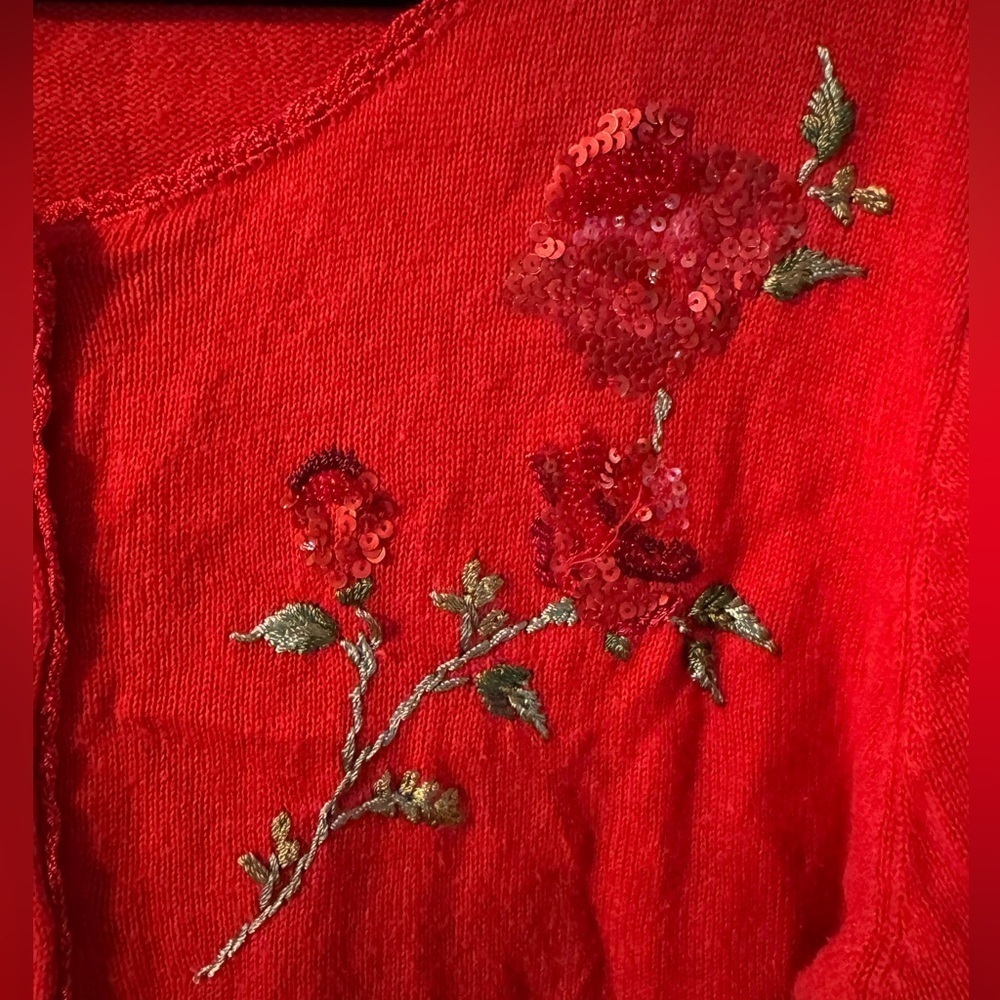 Sequin Beaded Embroidered Rose Red Cardigan Sweater Grannycore VTG Valentines Da - Picture 6 of 15